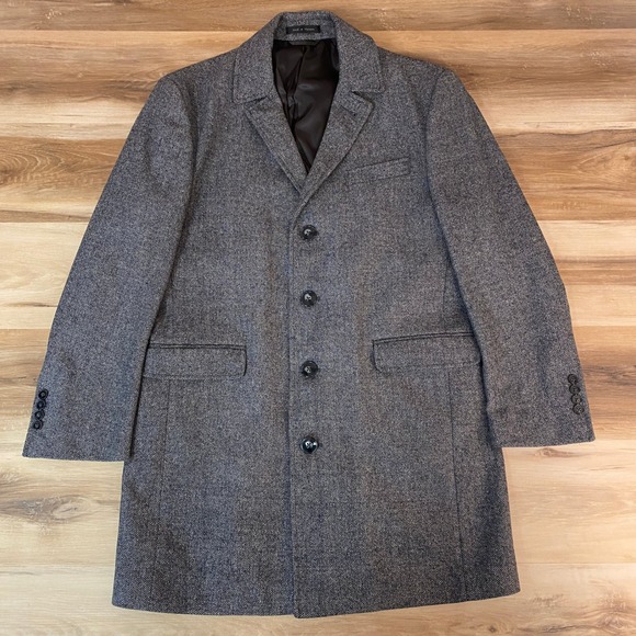 Calvin Klein Mens Gray Herringbone Wool Blend Overcoat Top Coat
